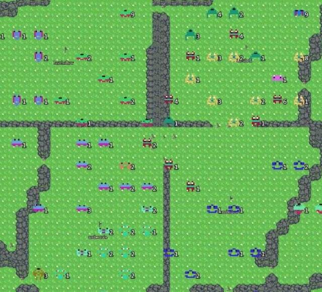 Two valleys of the world at creature zoom: a few dozen small pixel creatures with their counts, ridges between the valleys, and the valley names.